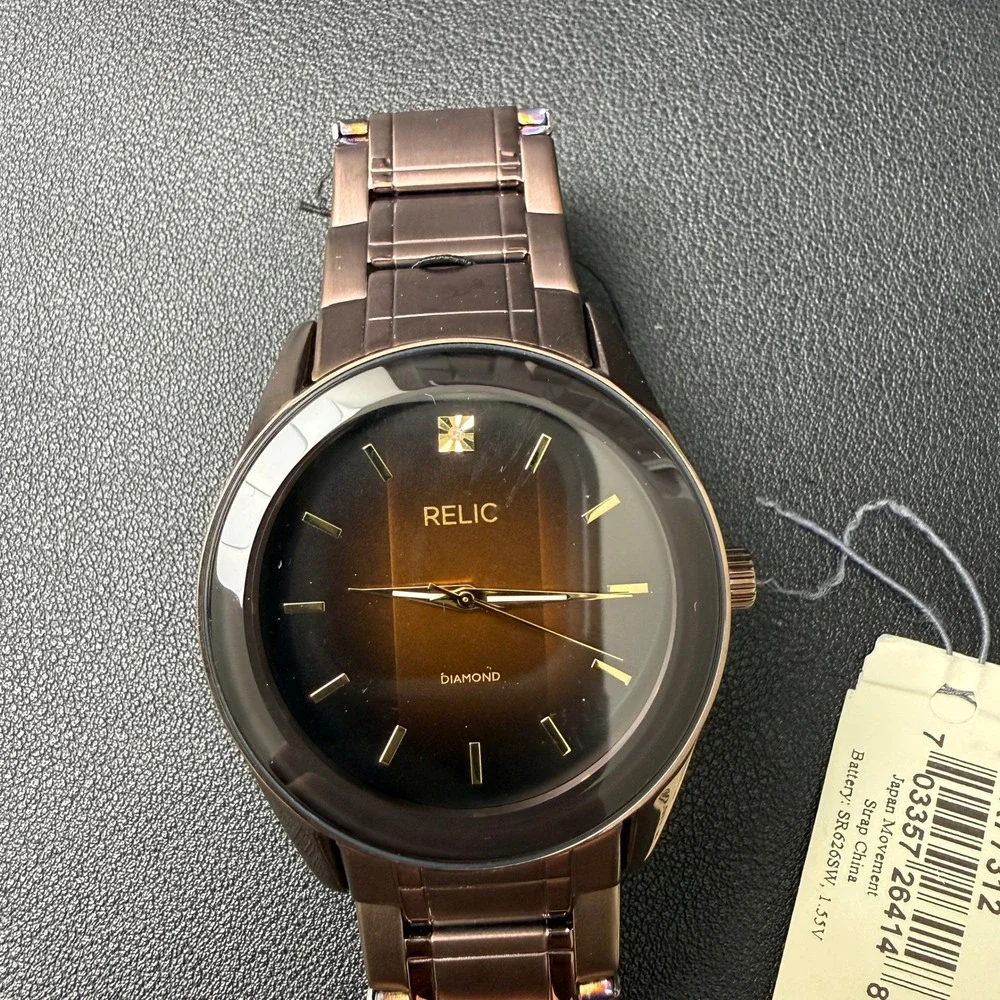 MSRP $110 Relic by Fossil ZR77312 Mens‎ Rylan Diamond Accent Brown Watch New Ba